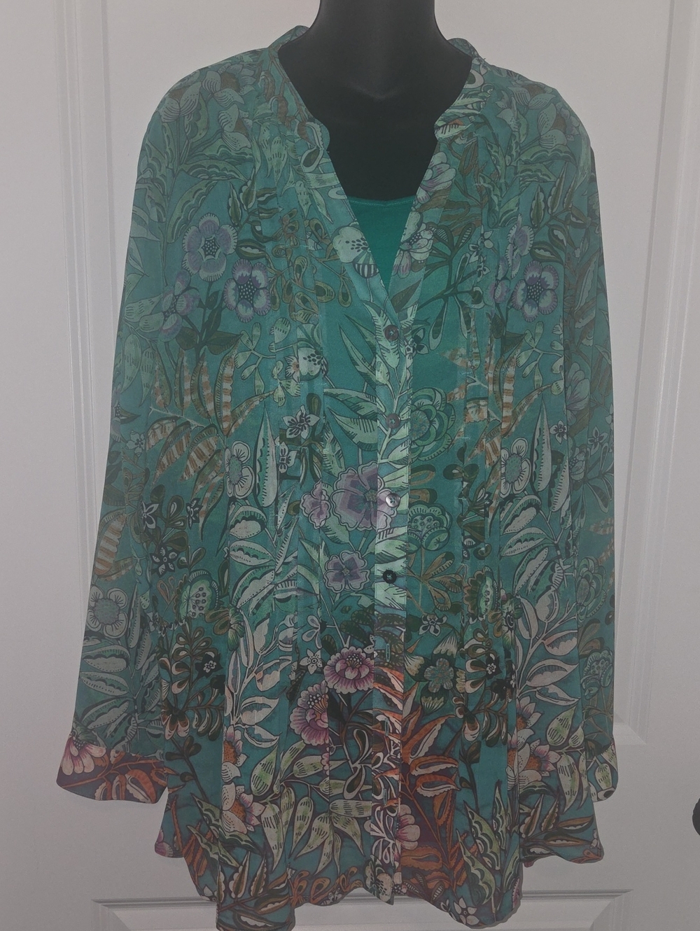 Soft Surroundings Green Floral Chiffon Button-Front Blouse And Tank Top 1X